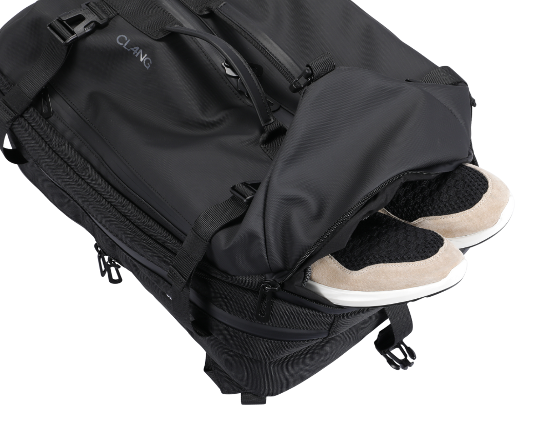 shoe compartment clang 4 way carry backpack