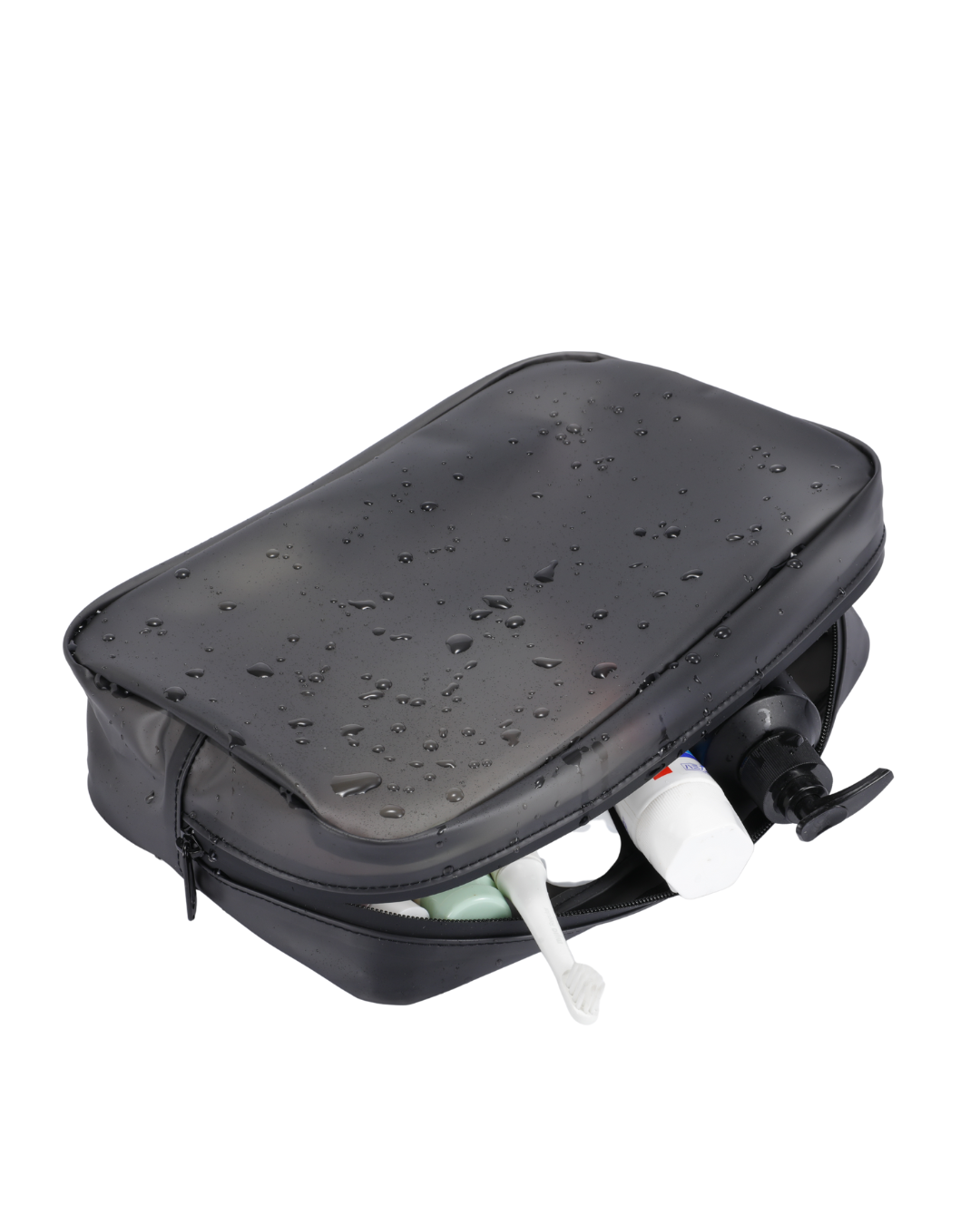 Black toiletry bag with shower head and bottles on a white background