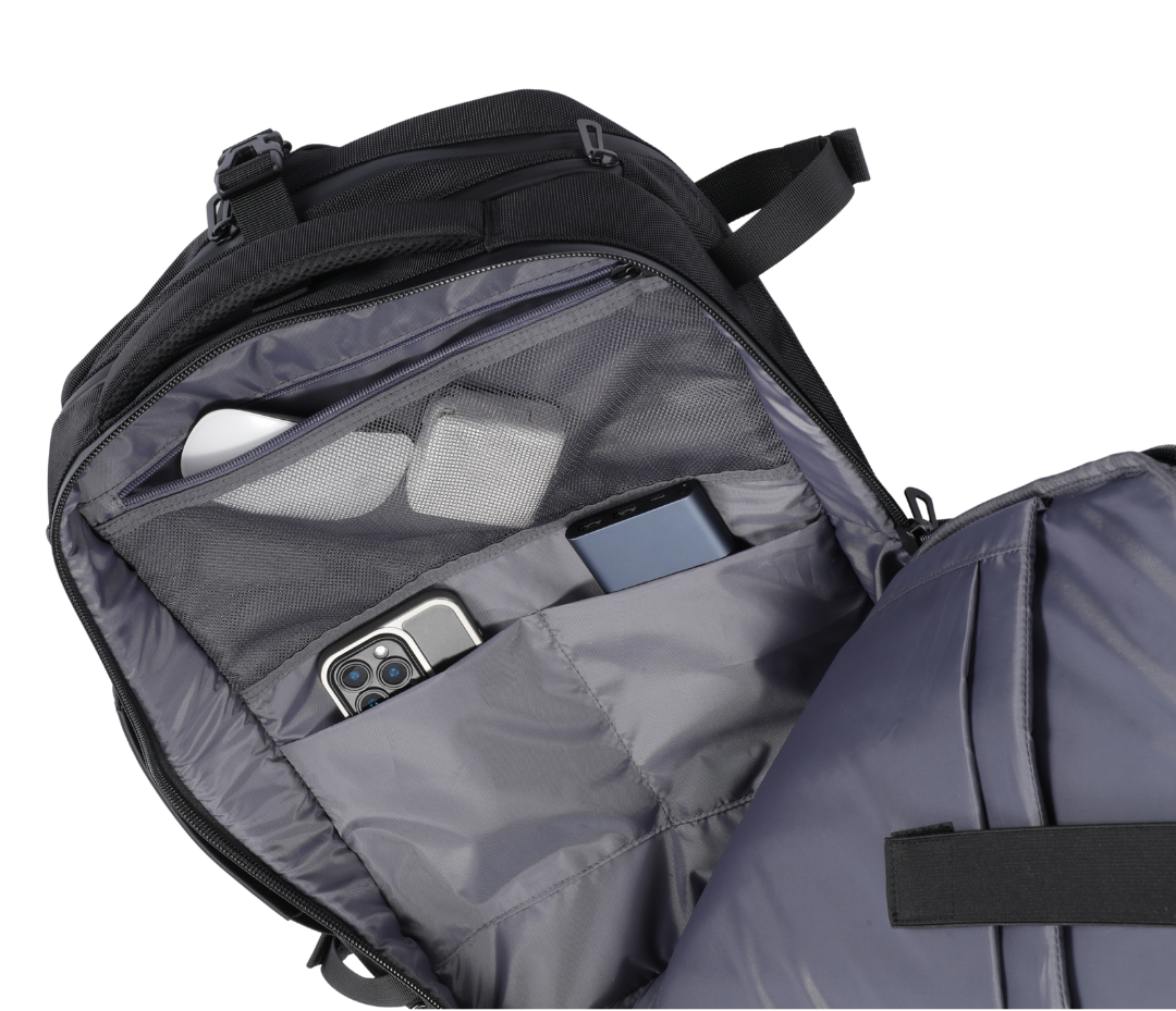 Gray backpack with open compartment showing interior details on a white background