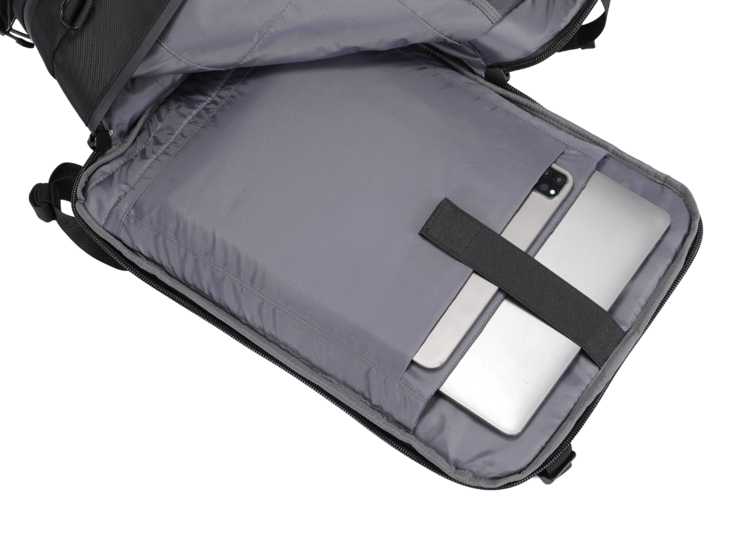 Gray backpack with a laptop compartment on a white background