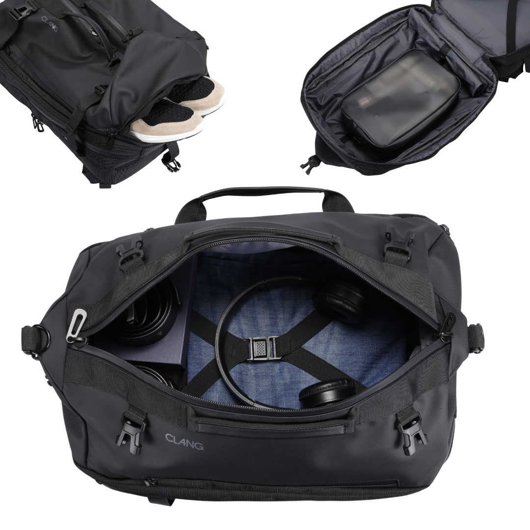 Black duffel bag with interior details on a white background