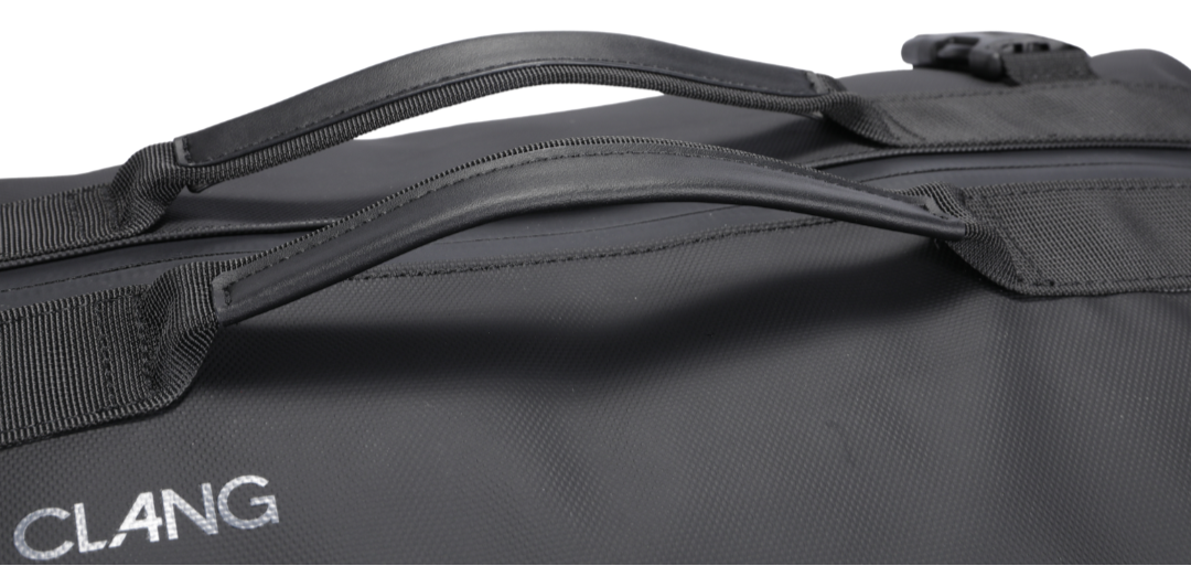 Black bag with 'CLANG' branding on a white background
