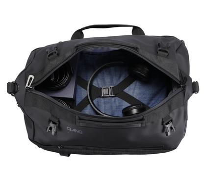 Black duffel bag with interior compartments on a white background