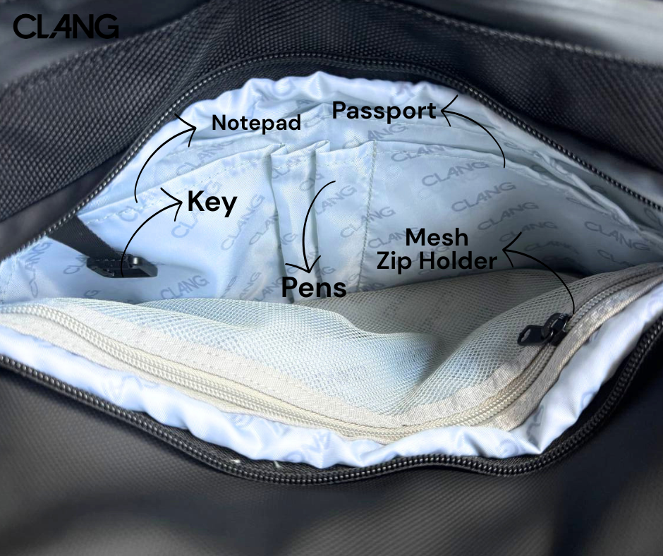 Open bag with labeled compartments including notepad, passport, key, and pens, branded 'CLANG'.