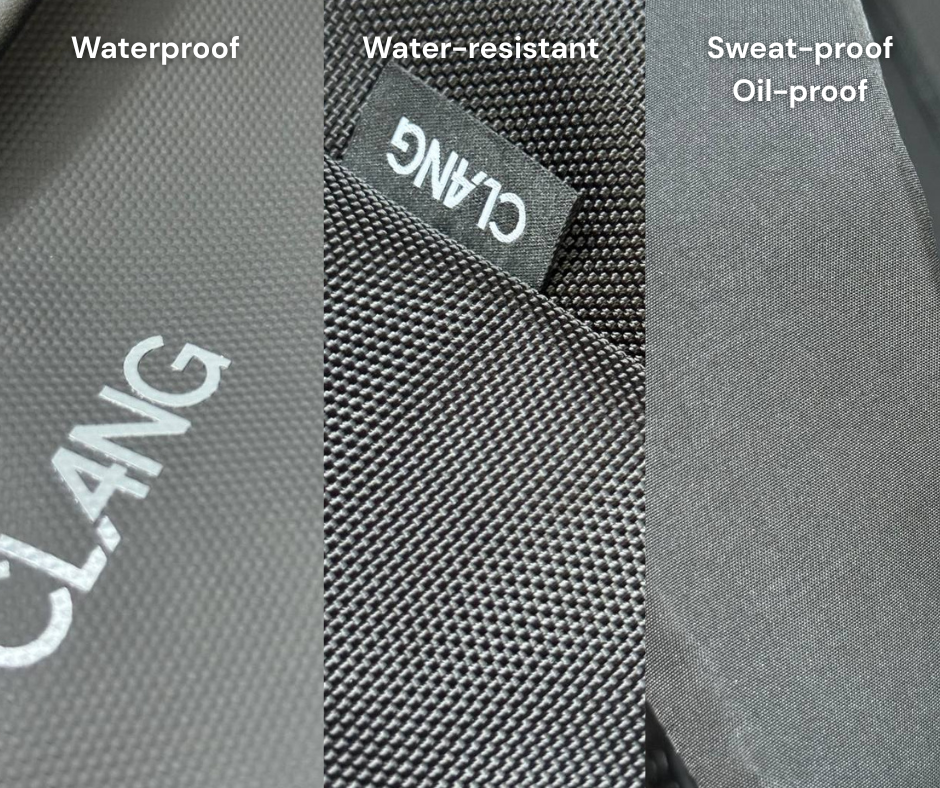 Gray fabric with CLANG branding and text indicating waterproof, water-resistant, sweat-proof, and oil-proof properties.