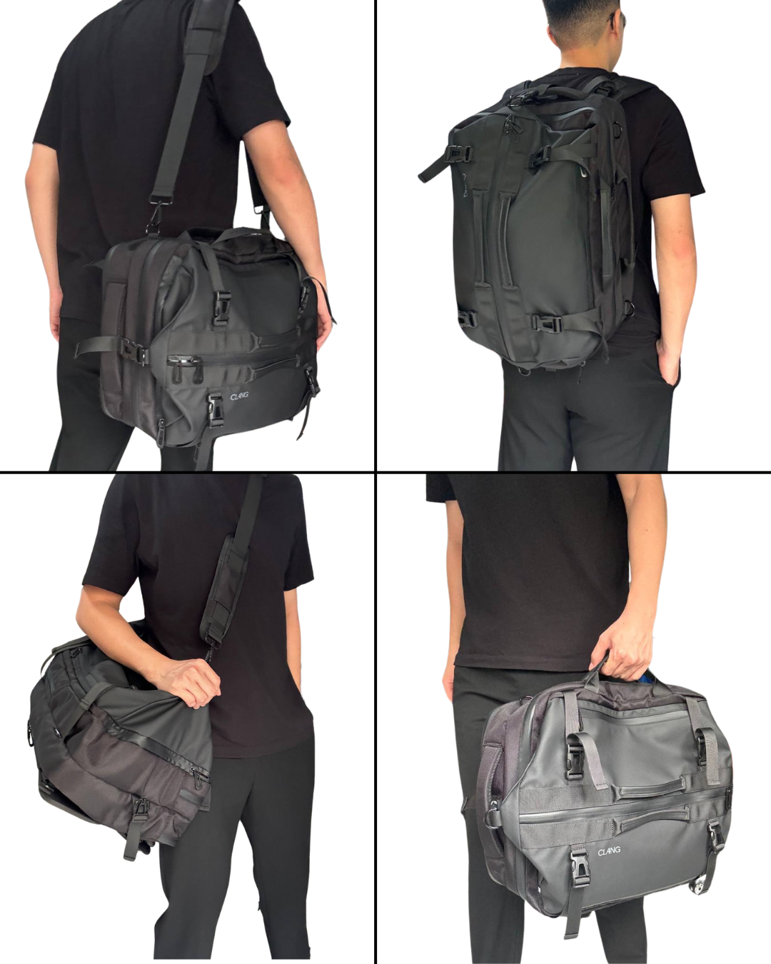 Gray backpack and duffel bag worn by a person in various poses on a white background